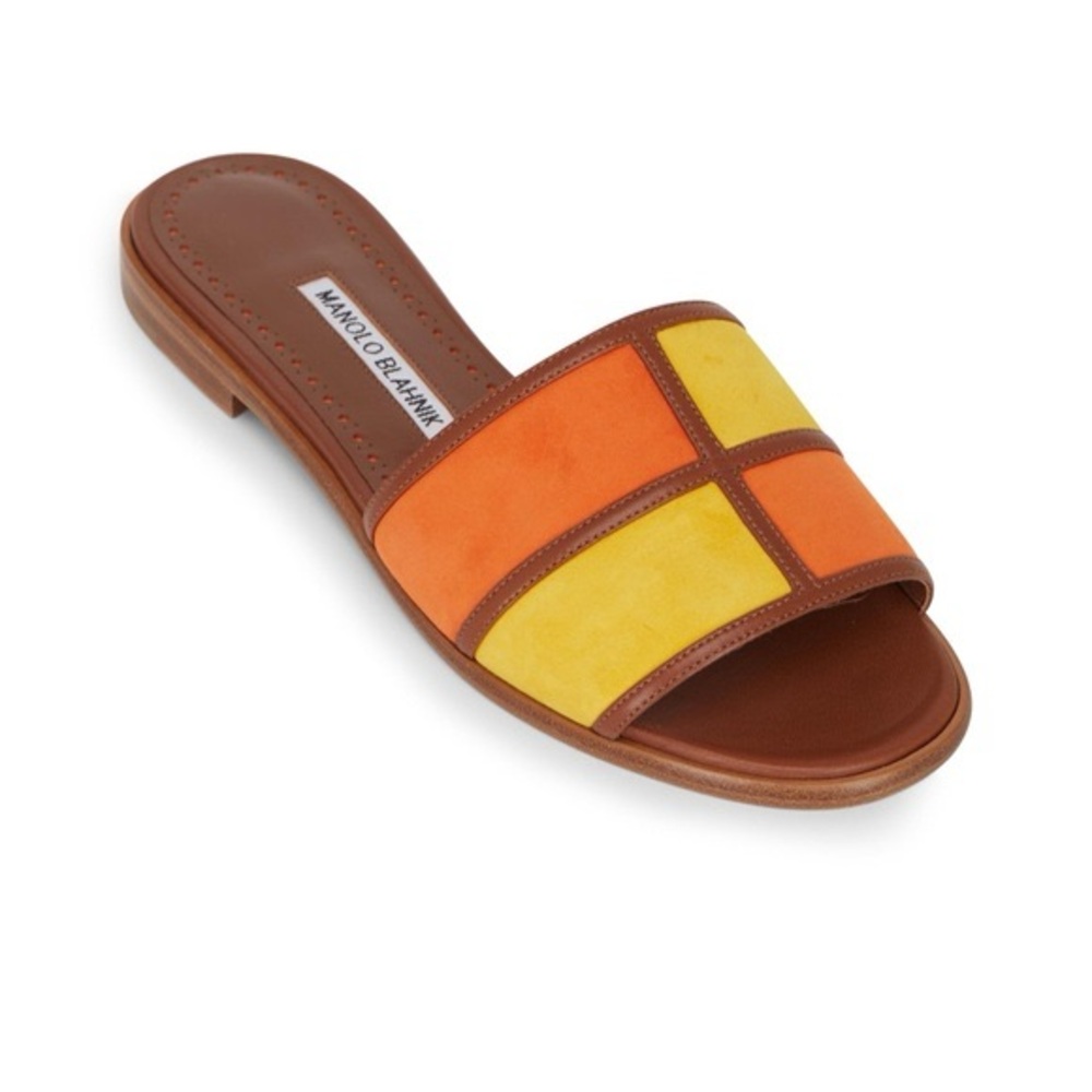 Manolo Blahnik Megacle Orange and Yellow Colorblock Leather Flat Sandals